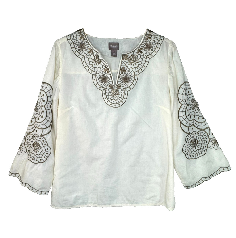 Chicos Top Womens Medium Ivory Embroidered V Neck 3/4 Sleeve Peasant Boho Cotton